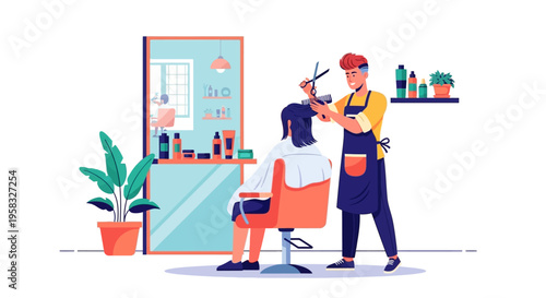 Hairdresser cutting clients hair in salon.