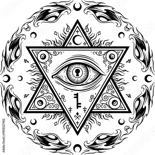 Mysterious Gothic Eye Within A Triangle And Star Sacred Geometry Symbol Black Ink