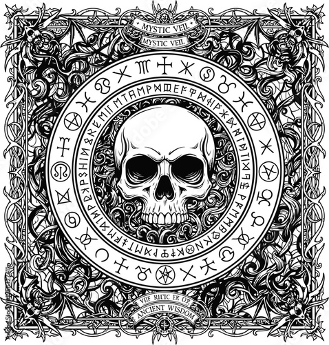Mysterious Skull Surrounded by Occult Runes and Symbols In Dark Intricate Design