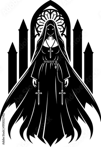 Mysterious Gothic Nun Silhouette With Rosary Beads And Veiled Face In Black And White