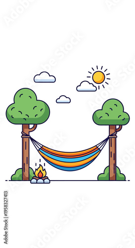 Hammock Between Two Trees With Campfire Under Sunny Sky.