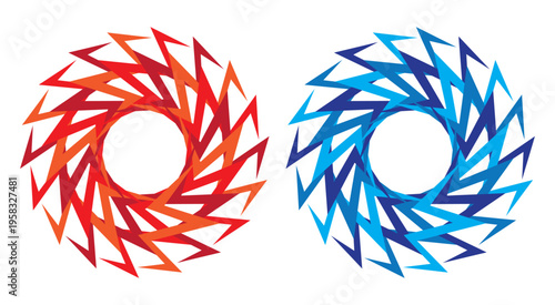 Red and blue jagged geometric circular pattern elements
