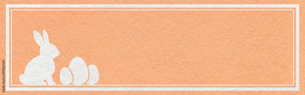 Fototapeta premium Easter website header banner with white bunny and eggs silhouette on light peach textured paper background with copy space