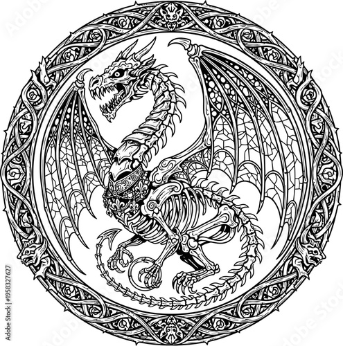 Skeletal Dragon In Intricate Gothic Ornament In Black And White Vector Art