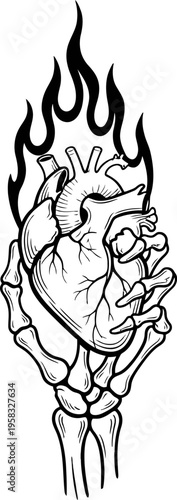 Skeletal Hand Gripping Burning Anatomical Heart with Black Flames White Background