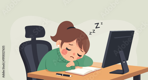 Illustration of a tired young woman sleeping at her desk with a computer and notebook in a simple office setting.
