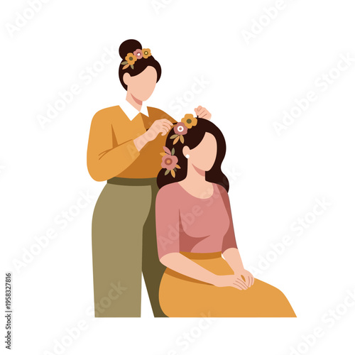 Hairstyling Professional Arranging Fresh Flowers in a Young Womans Elegant Hair