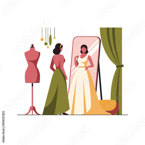 Fashionable Woman Trying on an Elegant Wedding Dress in a Boutique Mirror