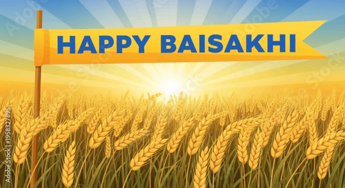 Happy Baisakhi greeting banner over golden wheat field, Punjabi harvest festival vector illustration, Vaisakhi celebration background with sunburst