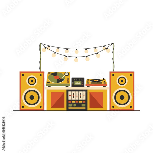 Dj Music Setup with Turntables Speakers Mixer and Party Lights