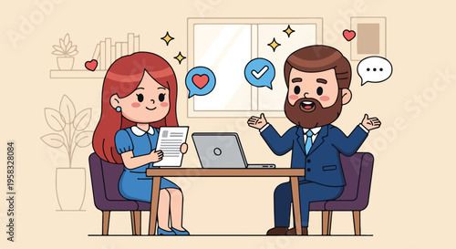 Cartoon illustration of a businesswoman and man discussing over a laptop at a desk in a modern office setting with thought bubbles.