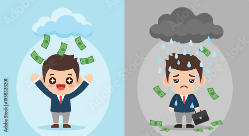 Split-screen illustration of two businessmen experiencing contrasting financial fortunes with money bills and weather symbols.