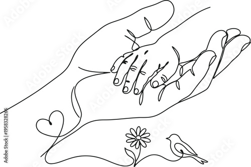 Continuous line drawing of an adult hand holding a baby's hand symbolizing love and protection