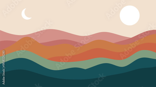 Layered abstract desert landscape featuring warm earth tone hills beneath a cosmic sun and moon