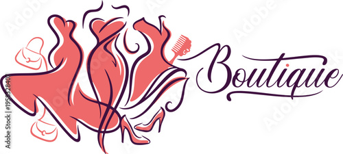 Stylish fashion boutique logo featuring elegant dresses accessories and feminine typography