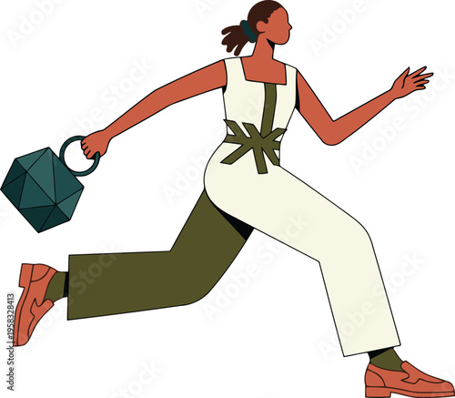 Stylish young woman swiftly moving forward with a unique geometric handbag in hand