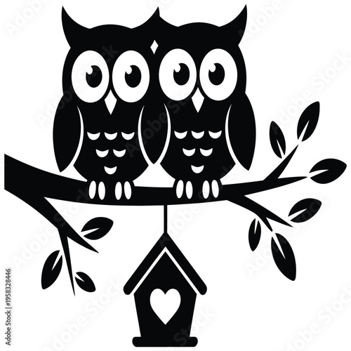 Cute cartoon owl couple sitting on a tree branch with hearts on a white background