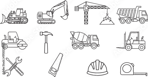Construction equipment and tools icon set