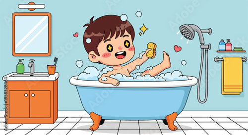 A cartoon boy playing with a sponge in a blue bathtub filled with bubbles in a bathroom with a sink and shower.