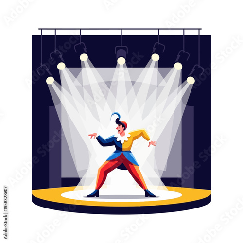 Jester Performer Entertaining on a Spotlight Stage.