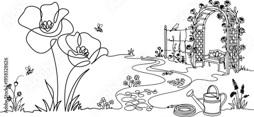 A captivating continuous line drawing of a serene garden with blooming poppies and a charming arbor