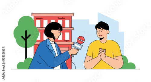 Journalist interviewing a man on the street.