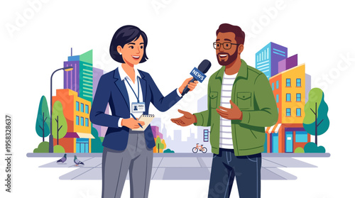 Journalist interviewing a man on the street.