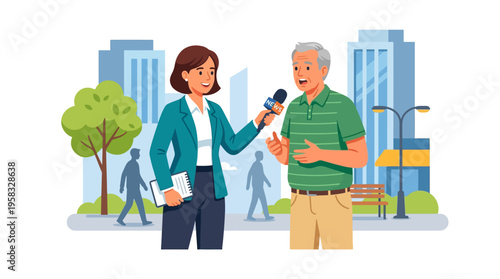 Journalist interviewing an elderly man on the street.