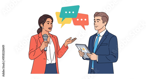 Journalist interviewing businessman with speech bubbles.