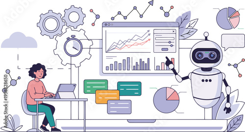 A person collaborates with an artificial intelligence robot analyzing business data and technological progress