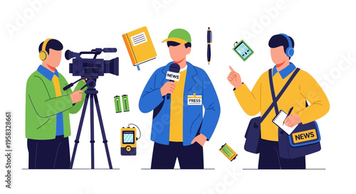 Journalists reporting news with equipment illustration.