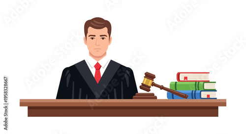 Judge in Robes Presiding Over Courtroom with Gavel and Books.