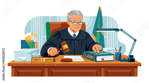 Judge Presiding Over Courtroom With Gavel and Law Book.