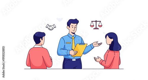 Lawyer mediating dispute between a couple with legal symbols.