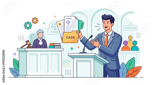 Lawyer Presenting Case in Courtroom with Judge and Audience.