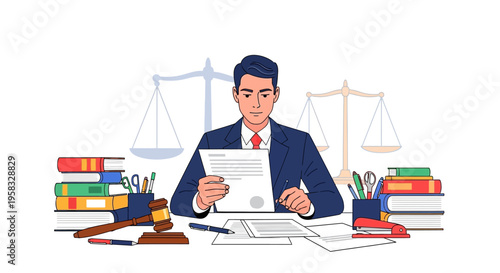 Lawyer reviewing legal documents at desk with books and scales of justice.
