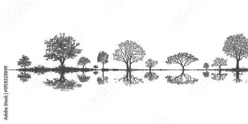 Architectural CAD Tree with Roots Line Drawing, Minimal Style Grunge Vector, Wetland Forest Section Outline Set, Side View Landscape Design Elements for Professional Planning Illustration