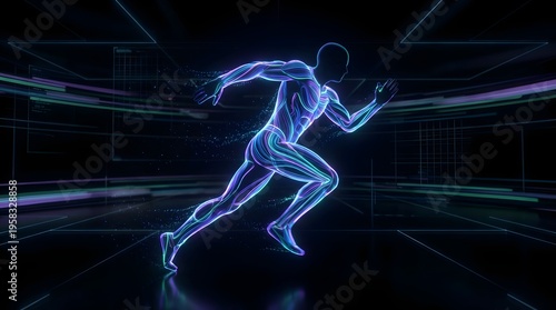 A stylized glowing human figure in motion set against a futuristic digital background
