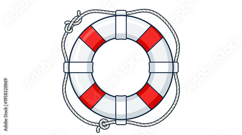 Lifebuoy Ring With Red White Stripes And Rope.