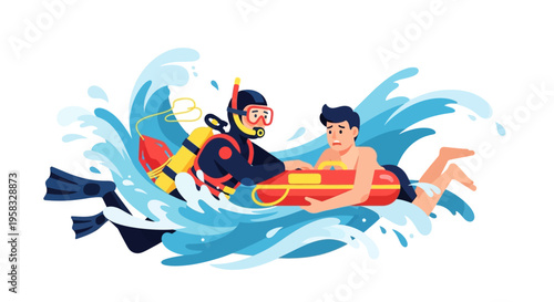 Lifeguard diver rescues person in ocean waves.