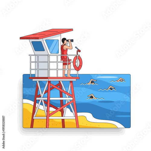 Lifeguard on duty watching swimmers from tower.