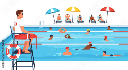 Lifeguard watching over swimming pool with people swimming.