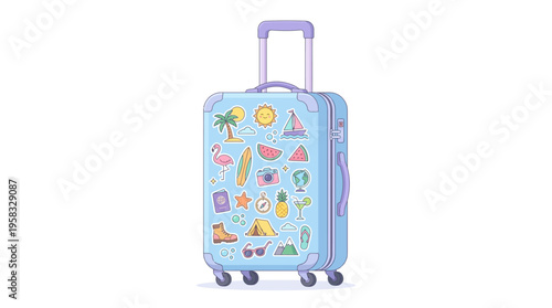 Light Blue Rolling Suitcase Decorated With Summer Vacation Icons.