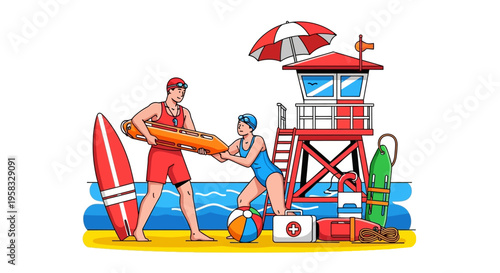 Lifeguards practicing rescue techniques on a sunny beach.