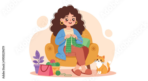 A cartoon woman sits on a couch with a dog, holding a green gift box, surrounded by shopping bags and plants, with a cheerful atmosphere.