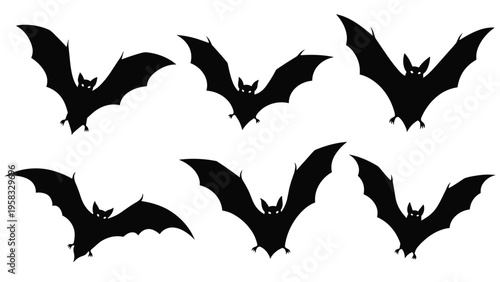 Silhouette of six black bats with glowing eyes in different flying positions arranged on a plain white background for design.