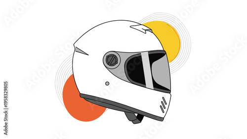 Sleek white full face motorcycle helmet with a black visor against a background of orange and yellow circles for rider safety gear.