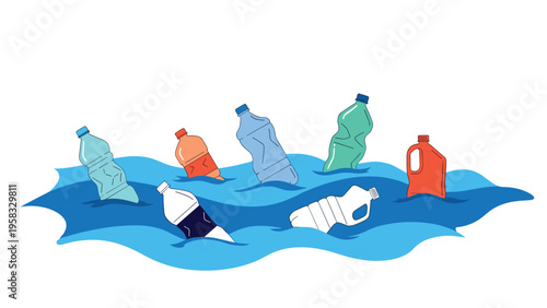 Environmental illustration of multiple plastic bottles and containers floating in ocean waves to highlight the problem of water pollution.