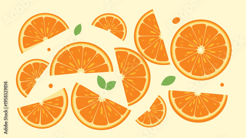 Bright and fresh pattern of orange slices and wedges with small green leaves scattered across a light yellow background for fruit themes.
