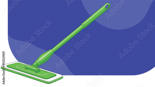 Green flat spray mop for floor cleaning standing diagonally against a blue and purple abstract background for household chores.